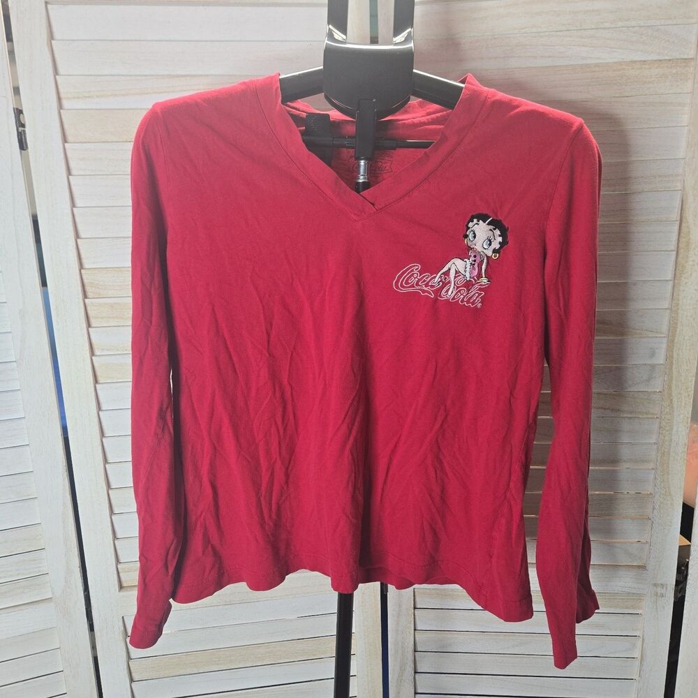 Womens Betty Boop Coca-Cola Shirt Long Sleeve V-neck L Red Y2K Retro Pop Culture